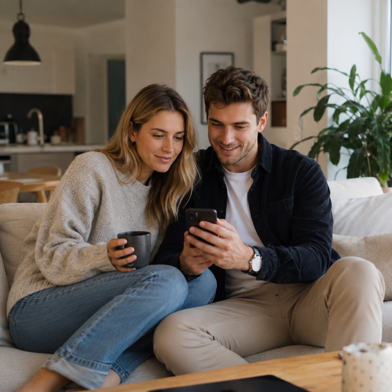 Ett par som tillsammans går igenom vad de betalar för i mobilen